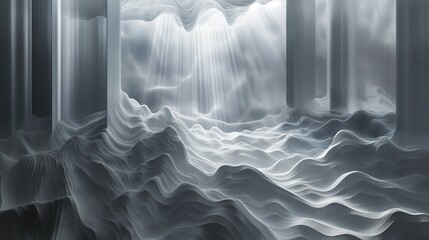 Radiant beams of light casting ethereal shadows on a 3D abstract landscape, blending simplicity with intricate details.