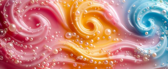 Abstract background featuring waves and droplets in candy-inspired hues of pink, blue, orange, and yellow with a glossy, wet texture.