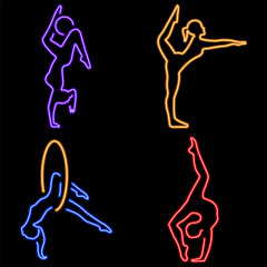 gymnastics group of neon icons, vector illustration on black background.