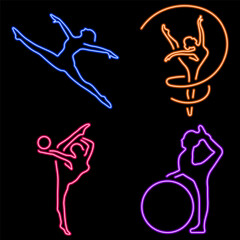 gymnastics group of neon icons, vector illustration on black background.