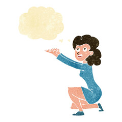 cartoon woman presentation gesture with thought bubble