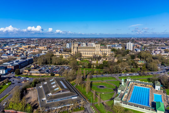 An aerial view over the Riverside Park towards the cathedral and centre of Peterborough, UK on a bright sunny day