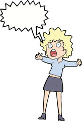 cartoon frightened woman with speech bubble