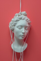 a close sculpture  of head woman hanging with wires, still life composition, red palette minimalism, ceramic , futuristic