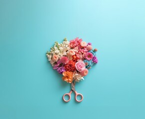 Flower arrangement with scissors on a pastel blue background. Springtime minimal template - 751586932