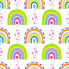 Seamless rainbow pattern. A rainbow in the sky and hearts. Design in bright colors for the children's room, textiles and fabrics