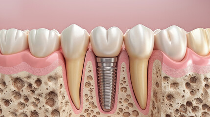 Dental implant and teeth roots, artificial tooth in jaw closeup