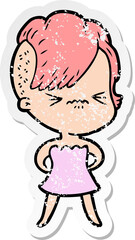 distressed sticker of a cartoon annoyed hipster girl
