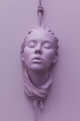 a close up classic sculpture robot face woman hanging with wires, still life composition,  lilac purplee palette minimalism, ceramic , futuristic	