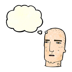 cartoon bald tough guy with thought bubble