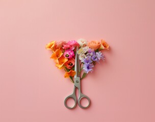 Bunch of flowers with scissors on a pastel pink background. Springtime, gardening minimal template - 751587130