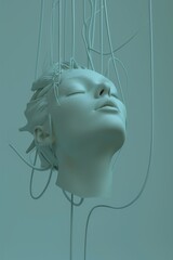 portrait illustration view  of woman sculpture ceramic face, wiht closed eyes ,  hanging with wires, dreaming or overthinking mental health concept