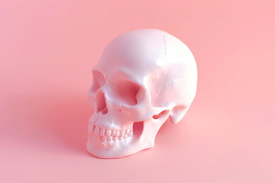 Human skull 3d render on pastel background. Deaths head, Halloween symbol, Pink skull on the light pink background