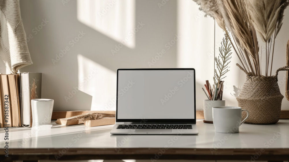 Poster a minimalistic aesthetic boho-style workspace. a laptop with an empty screen, indoor plants and drie