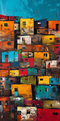 Colourful South African art with township village culture depicting informal housing settlement. Underprivileged Southern Africa squatter camp dwelling scene.