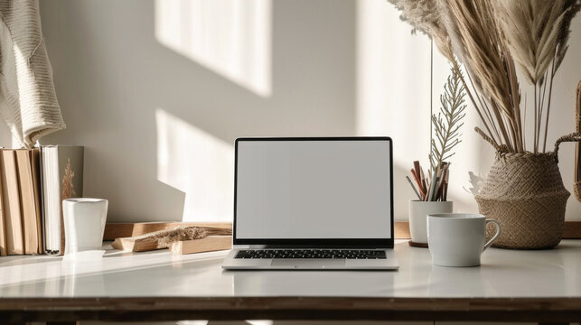 A minimalistic Aesthetic Boho-style Workspace. A laptop with an empty screen, indoor plants and dried flowers on a wooden table near a white wall with light and shadow from the window.