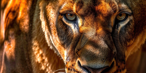 A beautiful close-up of a concentrated lioness staring directly into the camera, world wildlife day, poster