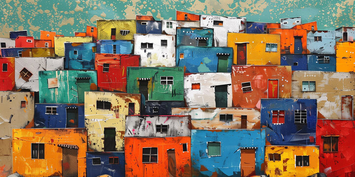 Colourful South African art with township village culture depicting informal housing settlement. Underprivileged Southern Africa squatter camp dwelling scene.