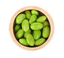 green soybeans in wooden bowl on transparent png