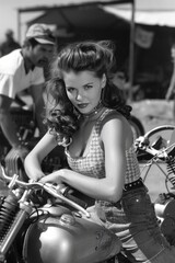Fototapeta na wymiar the 1960s, where a pin-up girl works diligently on a shovel head engine chopper in the background, capturing the essence of vintage glamour and motorcycle culture