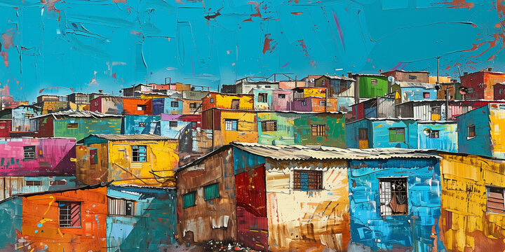 Colourful South African art with township village culture depicting informal housing settlement. Underprivileged Southern Africa squatter camp dwelling scene.