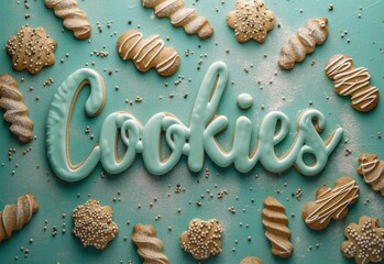 Cookies text made of freshly baked cookies. Bakery, banner, tasty background. - 751587903