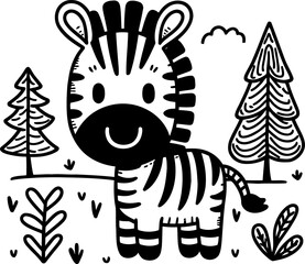 zebra horse, in cute animal doodle cartoon, children mascot drawing, outline,	