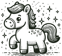 horse, in cute animal doodle cartoon, children mascot drawing, outline,	
