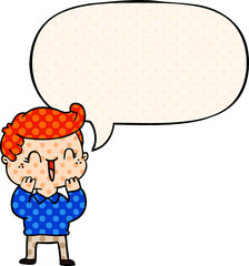 cartoon laughing boy and speech bubble in comic book style