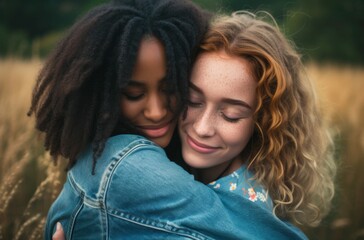 Emotional scene of two women sharing a close and genuine hug in a natural outdoor setting