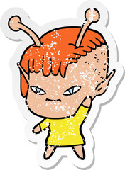 distressed sticker of a cute cartoon alien girl