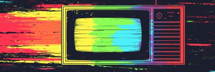 a glitchy illustration of an old television, colorful 80s aesthetics background, banner wallpaper concept design