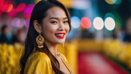 Potrait beautiful asian model walking in red carpet