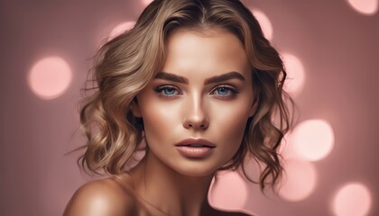 Glamour portrait of beautiful woman model with fresh daily makeup and romantic wavy hairstyle. Fashion