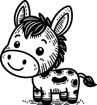 donkey horse, in cute animal doodle cartoon, children mascot drawing, outline,	