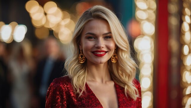 Potrait beautiful blonde model walking in red carpet