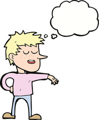 cartoon man making dismissive gesture with thought bubble