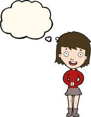 cartoon excited woman with thought bubble