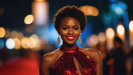 Potrait beautiful black model walking in red carpet
