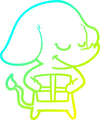 cold gradient line drawing cartoon smiling elephant with present