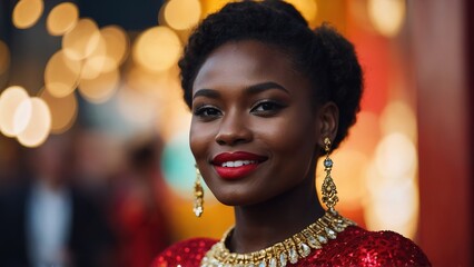 Potrait beautiful black model walking in red carpet