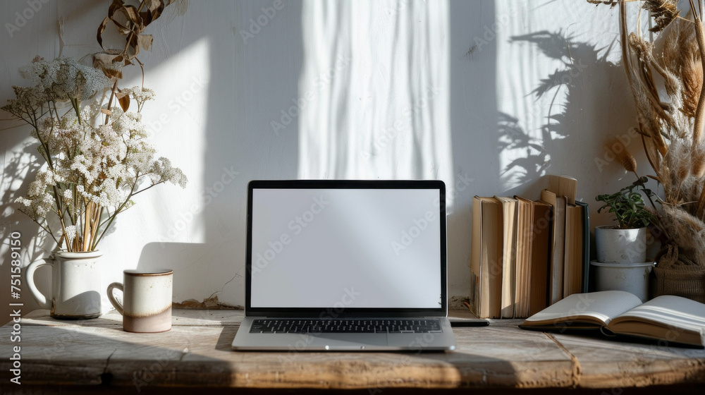Poster a minimalistic aesthetic boho-style workspace. a laptop with an empty screen, indoor plants and drie