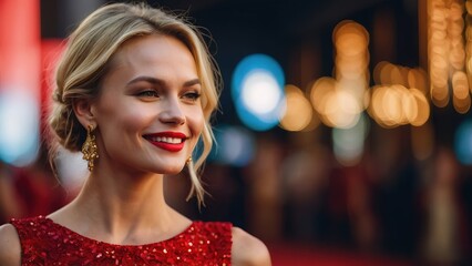 Potrait beautiful blonde model walking in red carpet