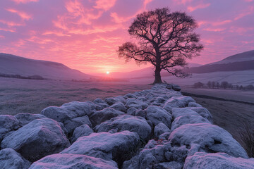 A Lake District inspired landscape scene at golden hour in the English countryside - 751589353