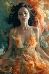 A surreal image of a woman floating serenely underwater in a colorful, flowing gown