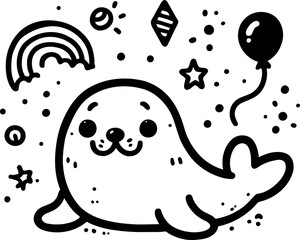 seal, elephant seal, narwal, in cute animal doodle cartoon, children mascot drawing, outline,	