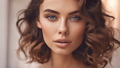 Glamour portrait of beautiful woman model with fresh daily makeup and romantic wavy hairstyle. Fashion