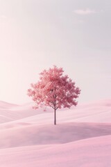 calm and silent landscape with an alone pink treein a desert scenery, pastel palette colors