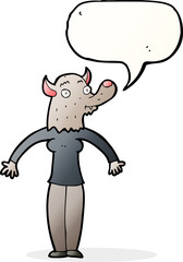cartoon friendly werewolf woman with speech bubble
