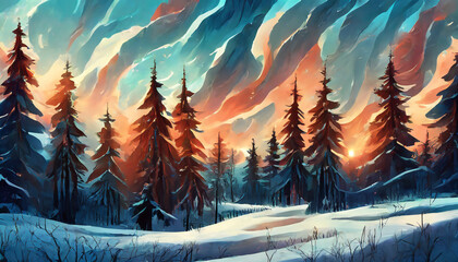 Detailed illustration of snowy landscape with arctic forest. Winter scenery. Wilderness environment.